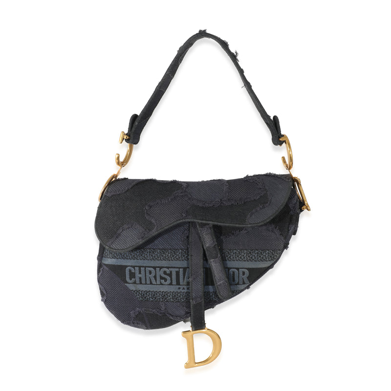 Christian Dior Navy Embroidered Camouflage Canvas Saddle Bag